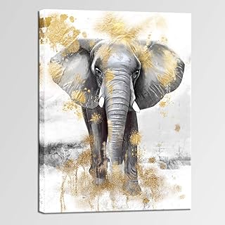 sechars Modern Animal Picture Wall Art Gold and Grey Elephant Painting Canvas Prints Contemporary Art for Living Room Bedroom Wall Decor Framed Artwork Ready to Hang 24x32inches