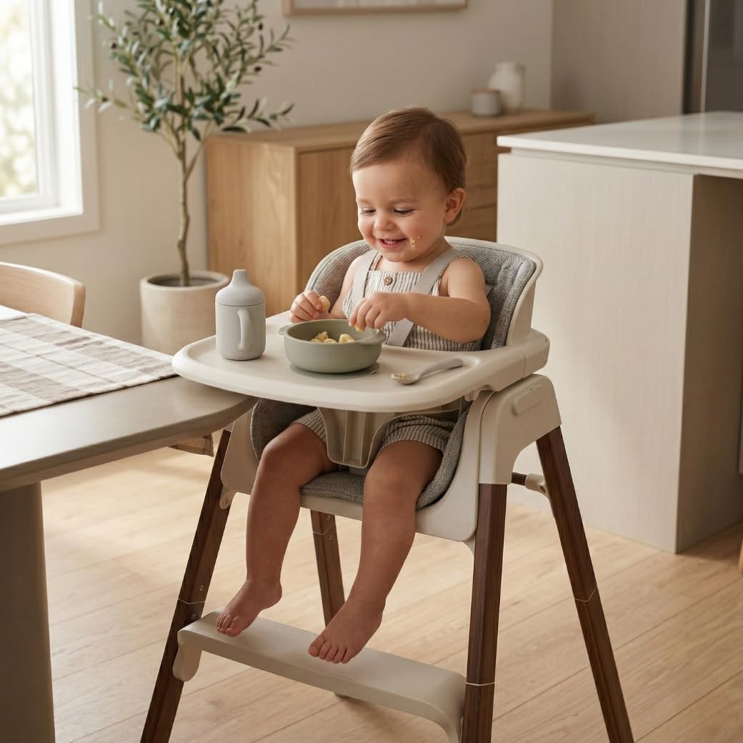 Venture Neyo 2-in-1 Foldable High Chair for Baby and Toddler, Convertible Baby Highchair with Wood Effect Legs, Removable Tray & Cushion, 5 Point Harness, Compact Folding (Beige) - 2