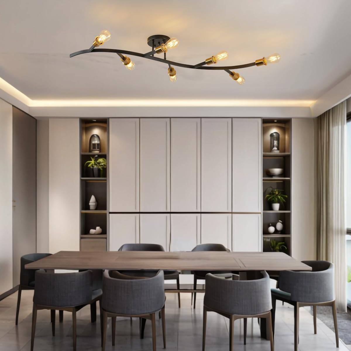 Modern Semi Flush Mount Ceiling Light Fixture for Kitchen Island,Black and Gold 7-Lights Sputnik Chandelier for Living Room,Bedroom,Office(Bulbs Not Included)