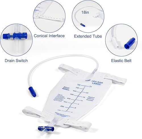 Miniatura 4 de Paquete de 5 bolsas de drenaje Foley de orina para piernas, 25.4 fl oz con válvula antirreflujo, drenaje de tubo de 18 pulgadas y bandas elásticas