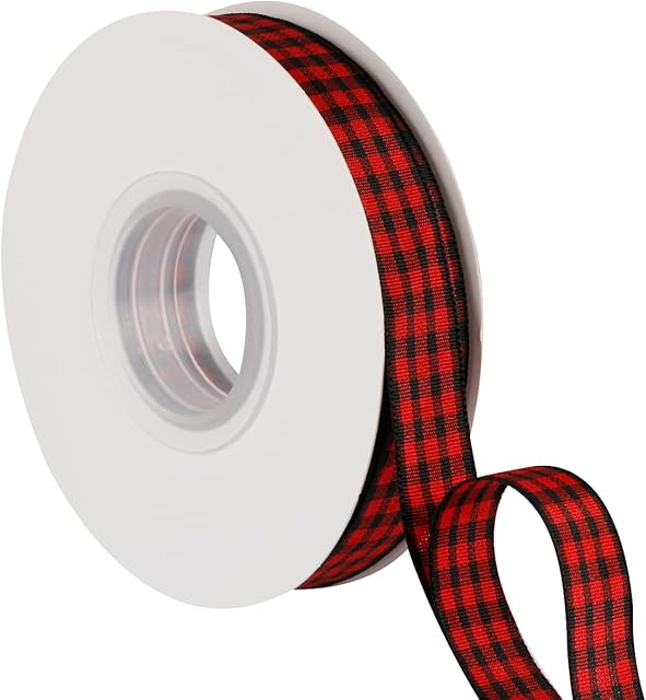 Joycrosso 16mm Wide Black and Red Gingham Ribbon Plaid Ribbon, Great for Gift Wrapping Home Décor Floral Arrangement, 22 Meters-Roll