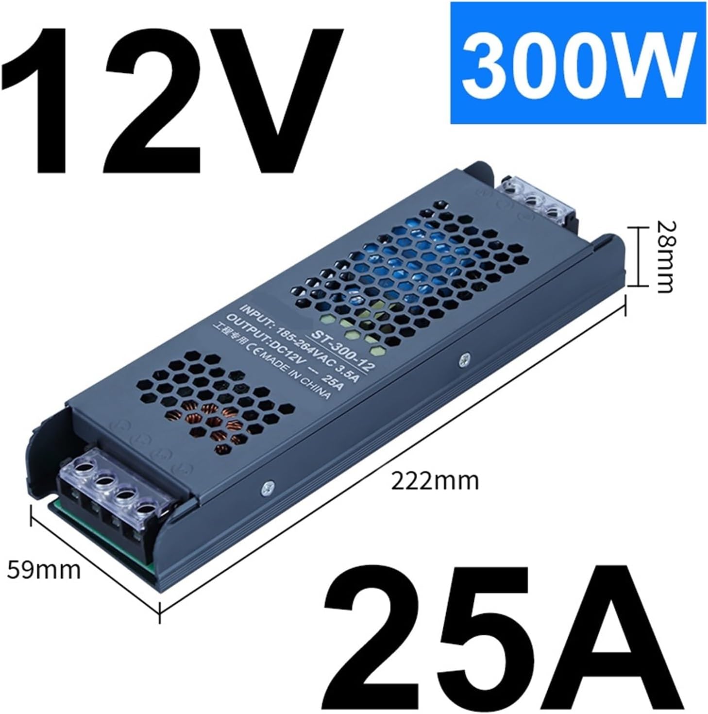 Lamp Strip Transformer 220V to Low Voltage 12V24V Advertising Card Cloth Light Box DC Black Diamond Switching Power Supply(ST-300-12 | 12V25A)