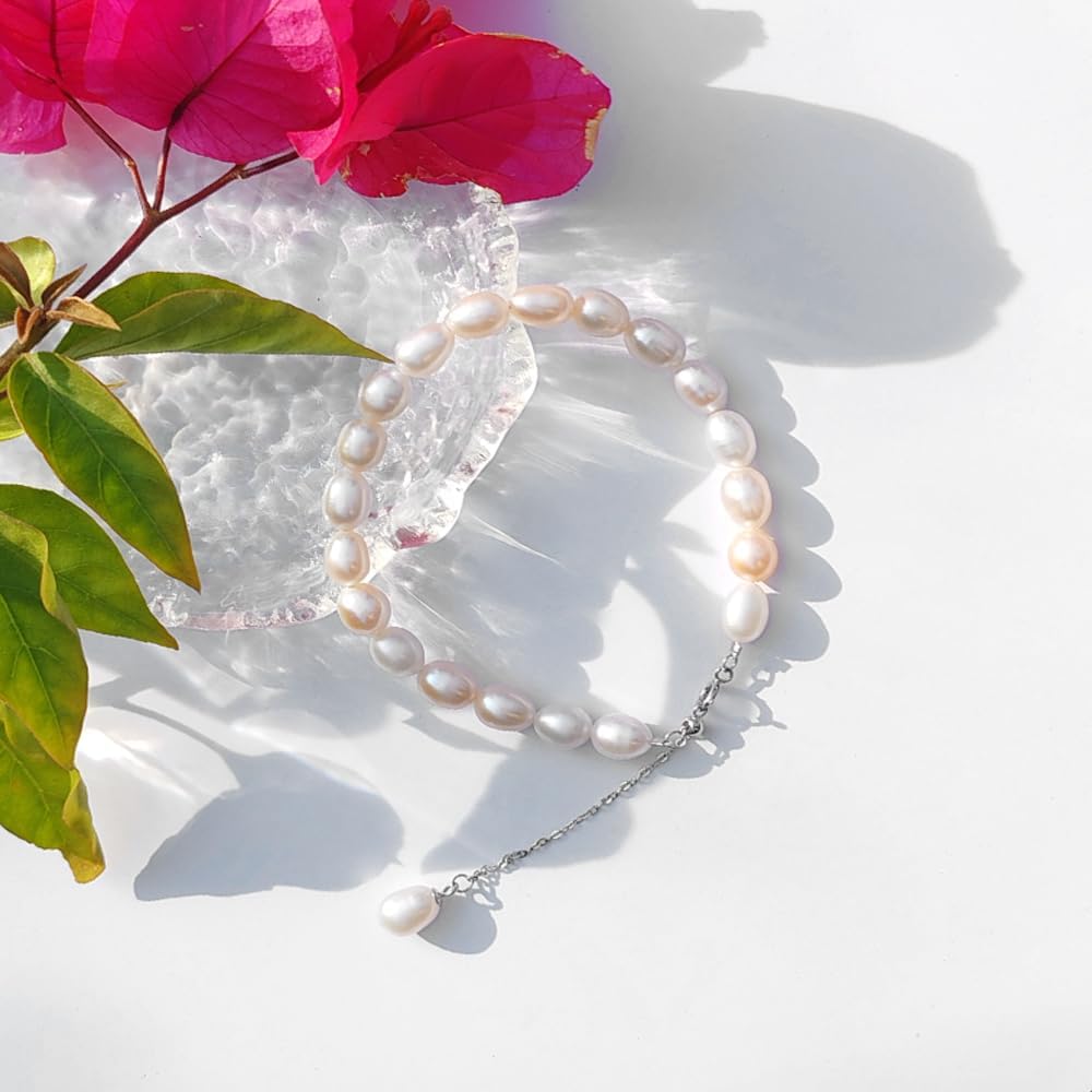 Corben Freshwater Pearl Bracelet for Women AAA+ Quality 6.7-8.4IN With a 2-inch Extension Chain Silver Pearl Bracelet S925 Silver Adjustable Buckle Ladies' Holiday Gifts