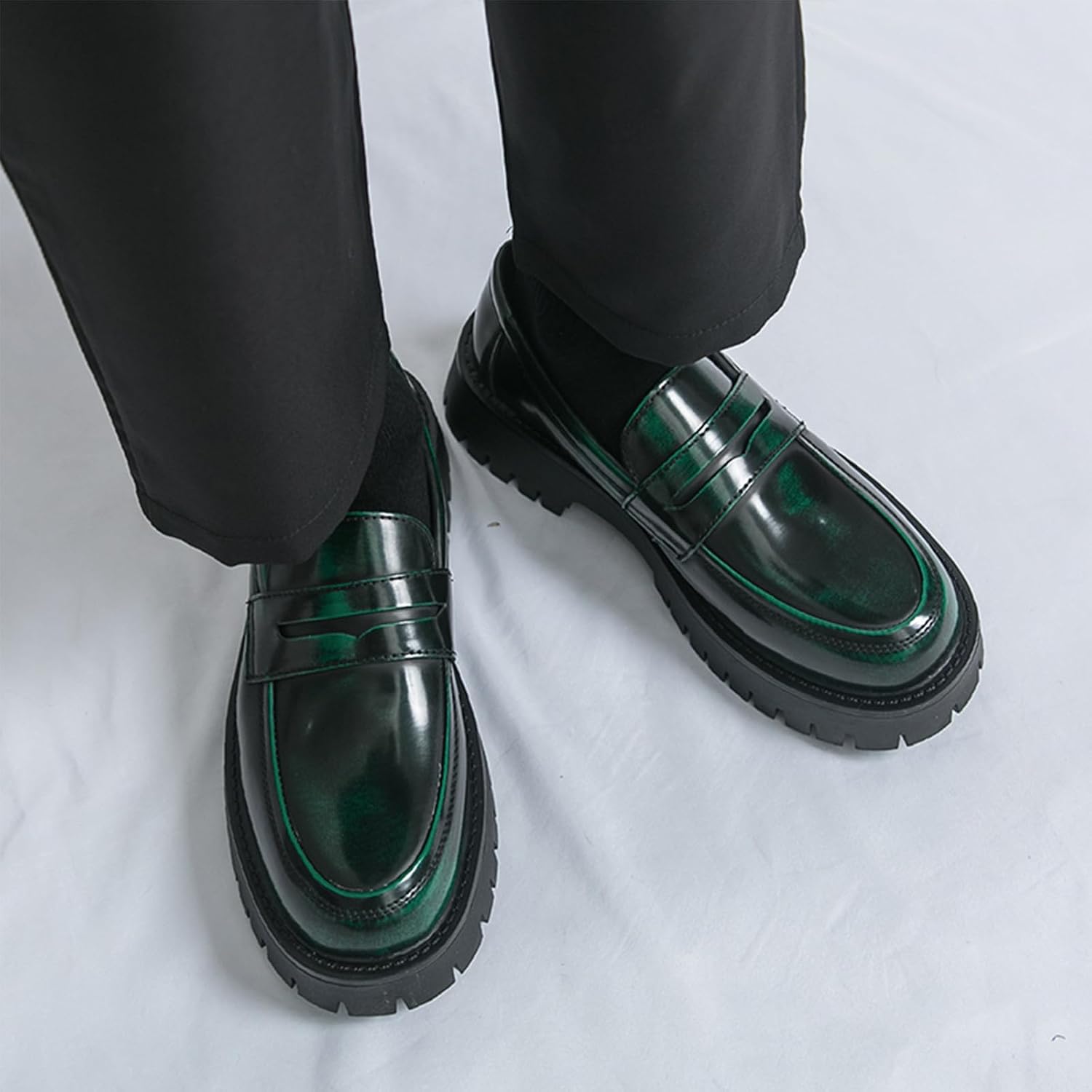 Men's Leather Platform Penny Loafers, Retro Round-Toe Lug Sole Non-Slip Slip-On Dress Shoes, Suitable for Business Work and Parties