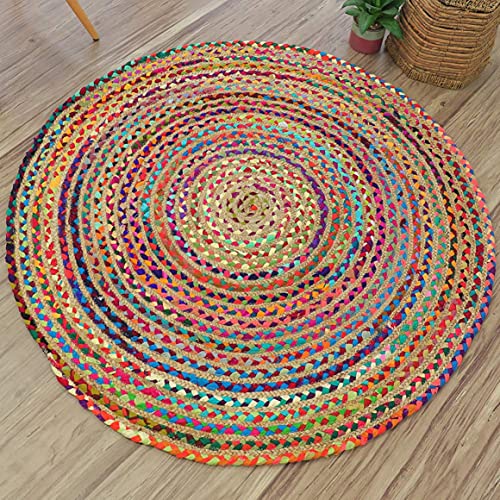 Image of Jute Braided Natural Hand Woven & Reversible Rug for Living Room Kitchen Entryway, Farmhouse Rustic Burlap Carpet Floor Mat (P /P, 120cm)