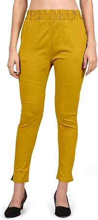 Womens Ankle Length Elastic Waist Cotton Pants, 4 Way Stretchable Slim Fit Casual Pant