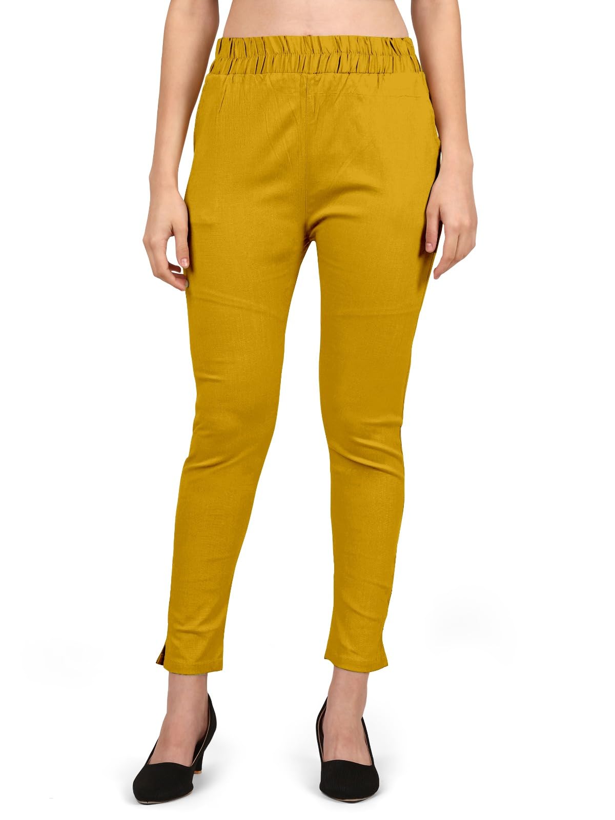 Womens Ankle Length Elastic Waist Cotton Pants 4 Way Stretchable Slim Fit Casual Pant