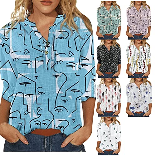 XUSIJAKQ1 Blusa feminina casual com decote em V estampado camisa pulôver de praia férias elegante ve