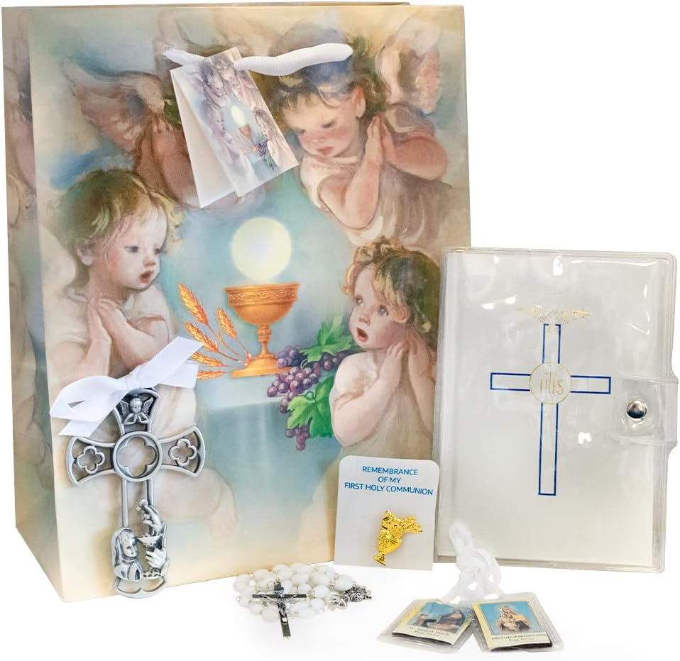 VILLAGE GIFT IMPORTERS - First Holy Communion Gift Set | Metal Keepsake Wall Cross, Catholic Mass Book, Rosary, Scapular, Commemoration Pin, Religious Gift Bag (White for Girls)