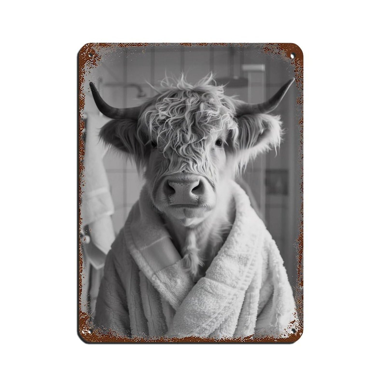 Highland Cow in A Bathrobe, Funny Bathroom Art (4) Retro Poster Metal Tin Sign Chic Art Retro Iron Painting Bar People Cave Cafe Family Garage Poster Wall Decoration 12x16inch(30x40cm)