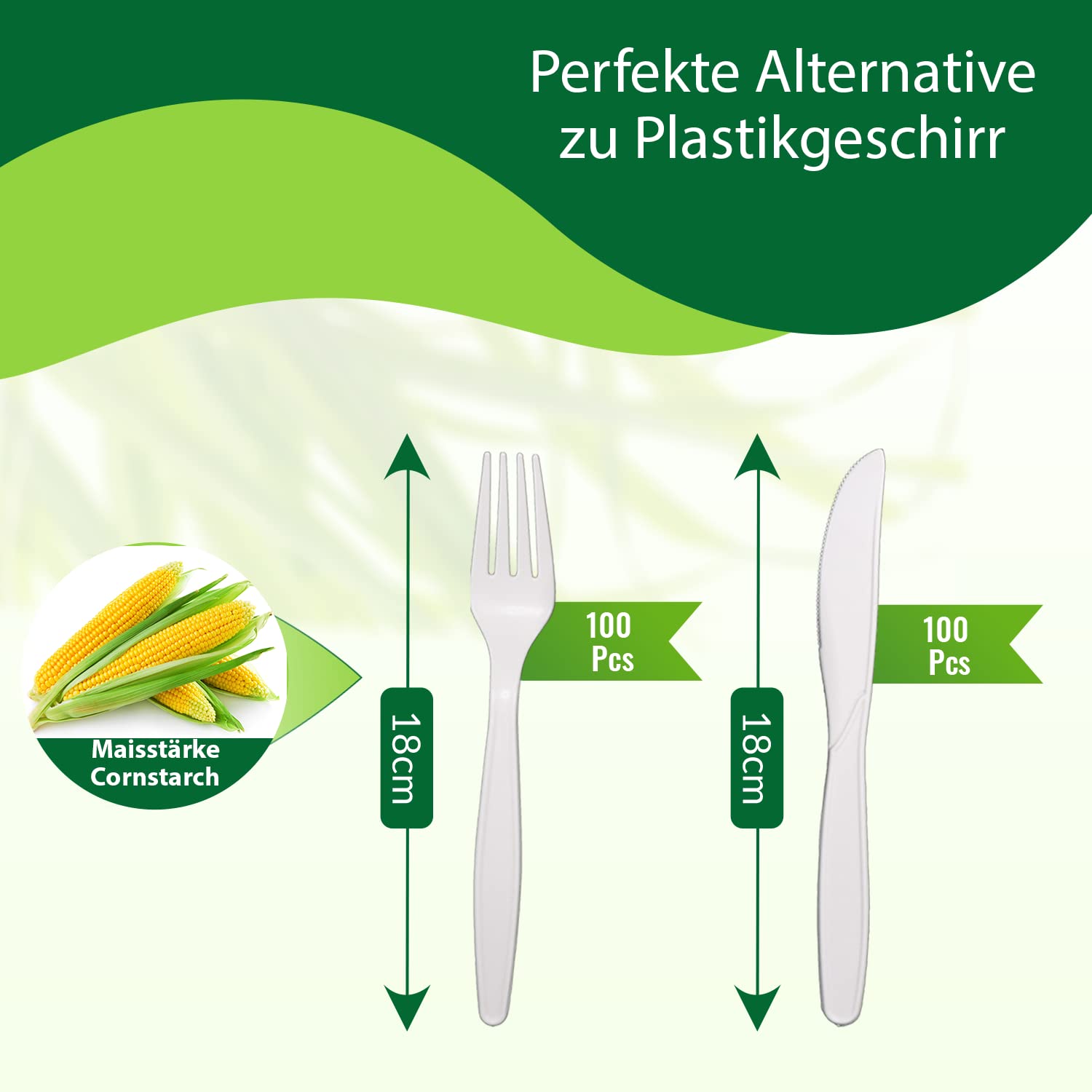 Couverts réutilisables respectueux de l'environnement, lot de 200 (100 fourchettes compostables, 100 couteaux compostables), couverts biodégradables sans plastique
