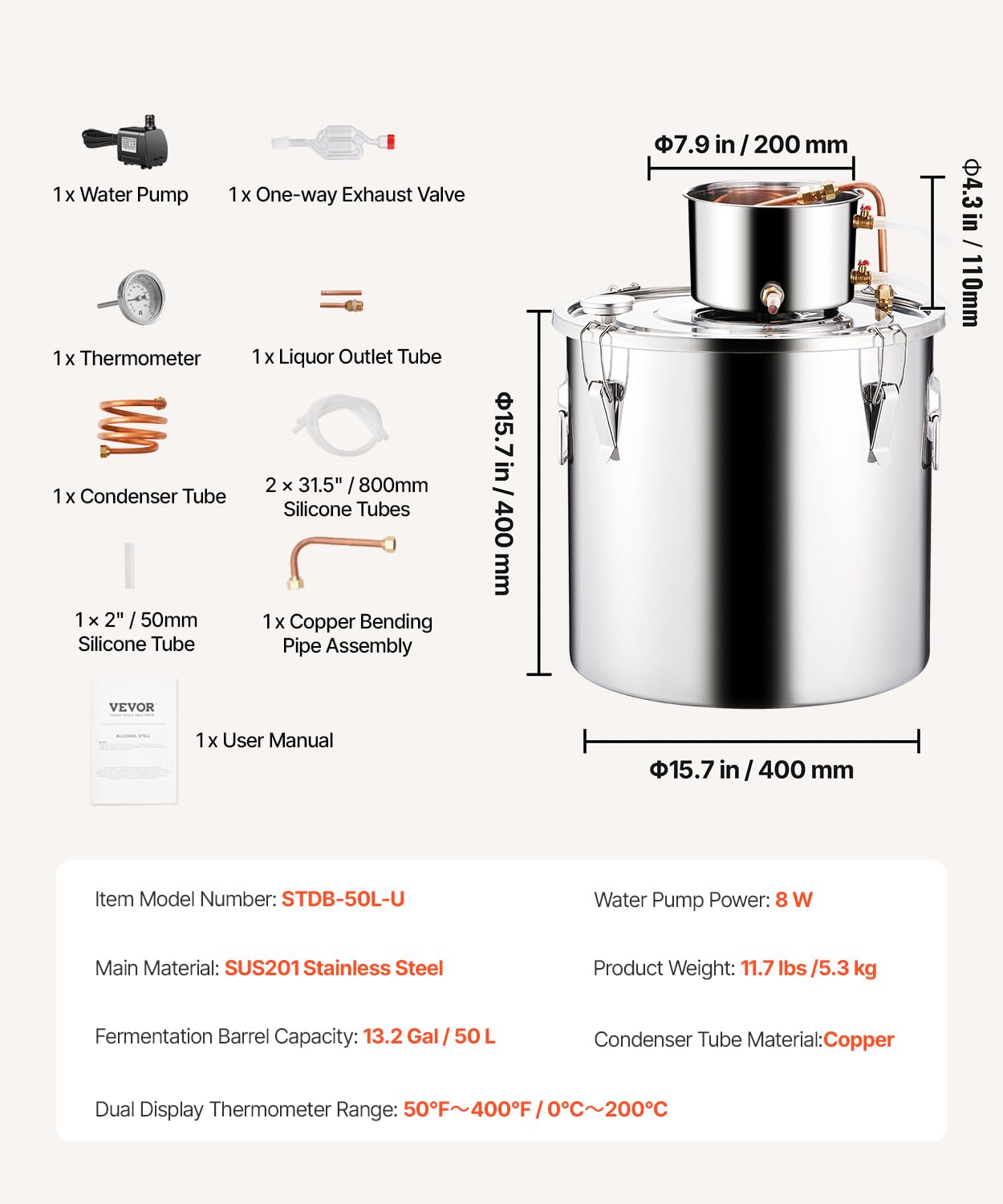 VEVOR Distillatore di Alcool 50 L Distillatore di Alcool Acqua in Acciaio Inossidabile con Bobina di Rame, Kit di Fermentazione per Raffinazione Birra Fatta in Casa con Termometro e Pompa, Argento