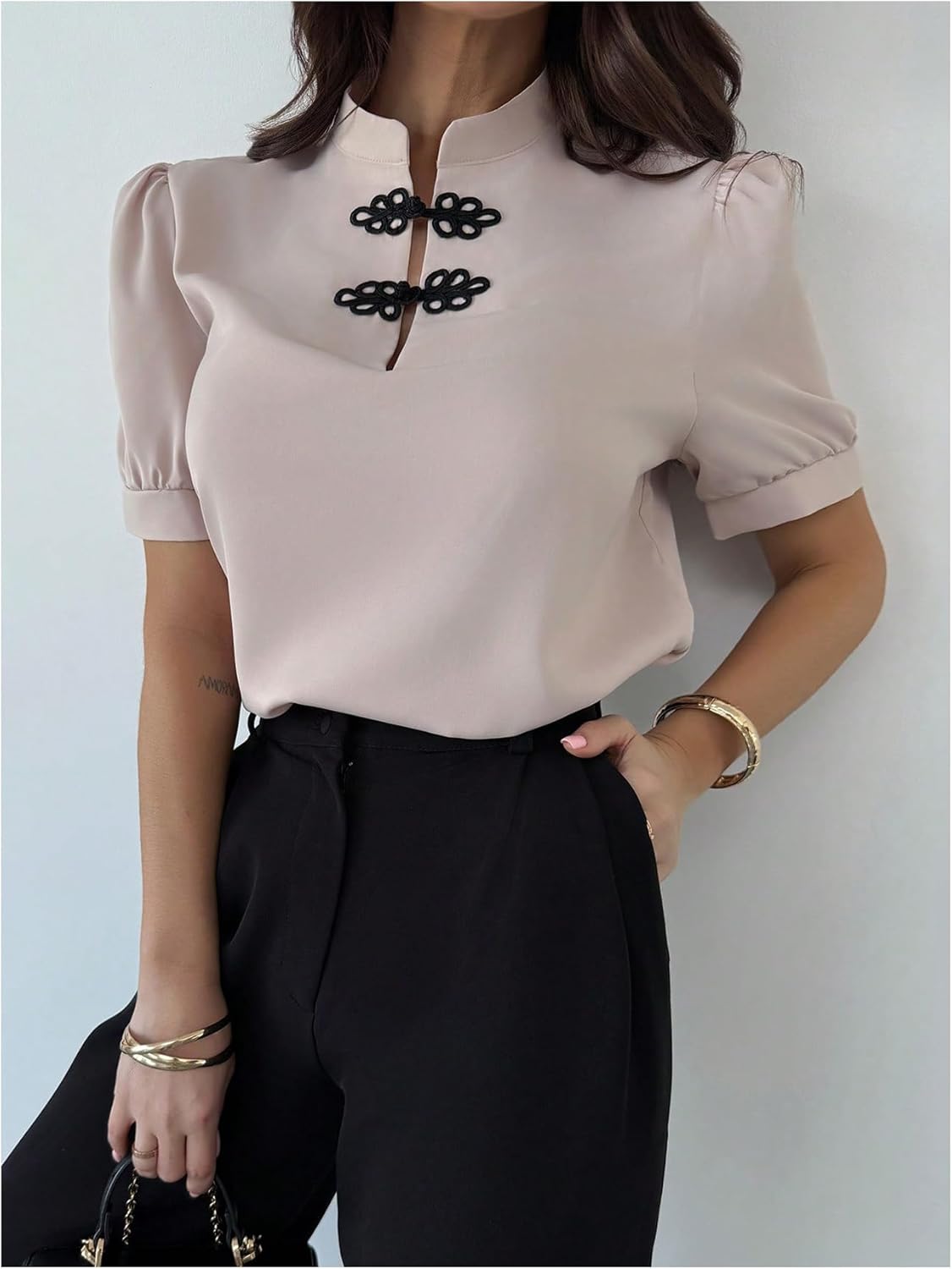WDIRARA Women's Button Down Puff Short Sleeve Blouse Mock Neck Top Elegant Shirts - Image 3