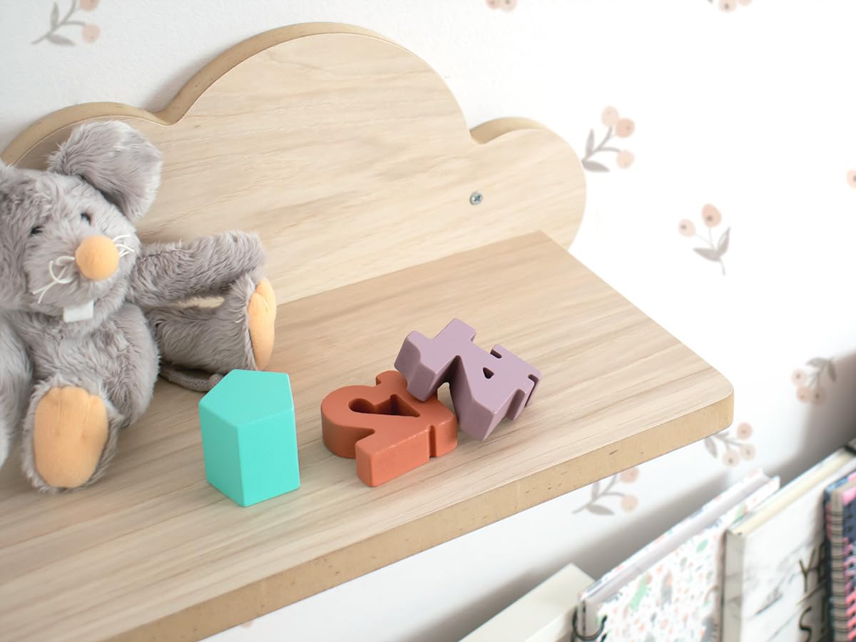 Bainba - Étagère Murale Nuage en Bois pour Chambre bébé et Enfant - 39 cm - Finition MDF Bouleau/Bois Naturel