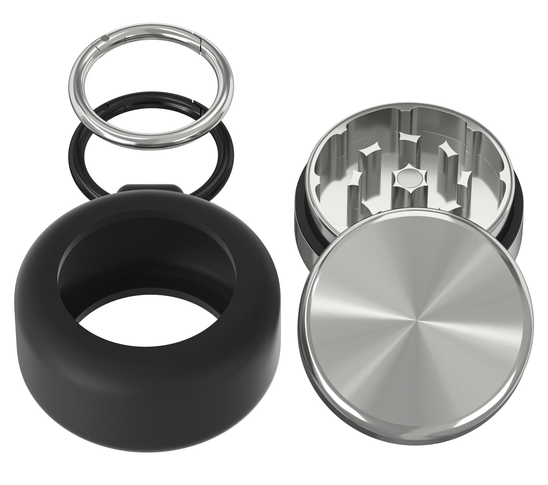 Edelstahl Grinder Travel ⌀ 42 mm – 2-teiliger Mini Grinder aus Edelstahl mit schwarzer Silikonhülle & Karabiner – kompakt, robust, stilvoll für unterwegs