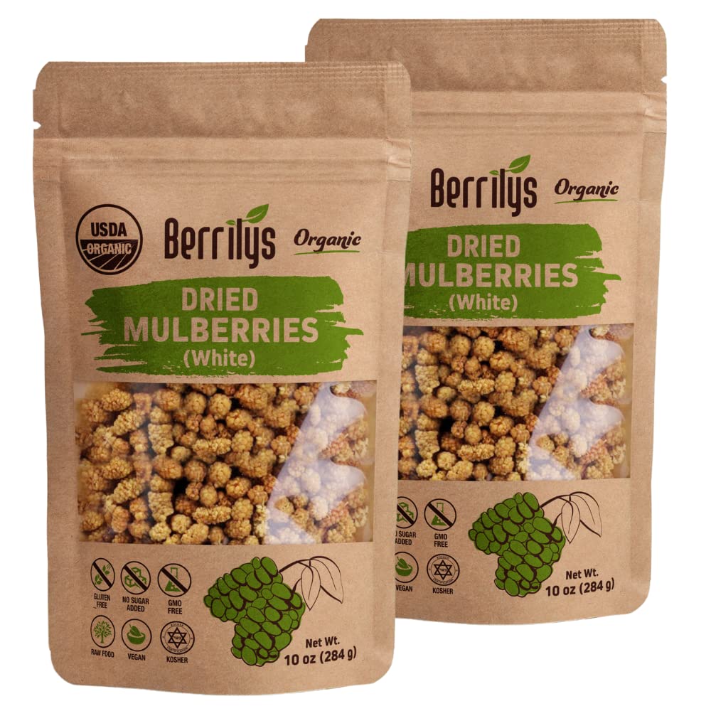 Berrilys Organic Dried White Mulberries, 2 Pack of 10oz, Unsweetened, Raw, Non-GMO, No gluten added, Plant-based, Great for Snacking, Baking and More.