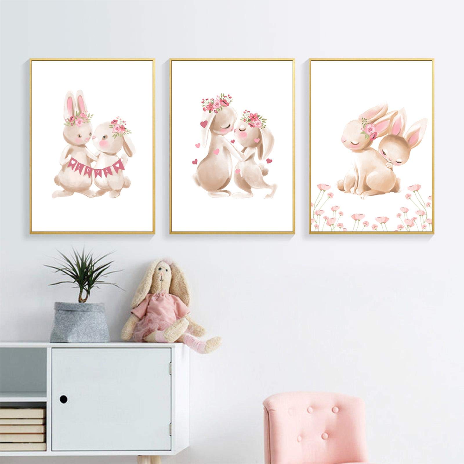 Affiche de Lapin de Noël Animal pépinière Mur Art Impression Lapin Toile Peinture Fleur Mur Photo Fille bébé Chambre décor 50x70cm (20x28in) x3 Cadre intérieur
