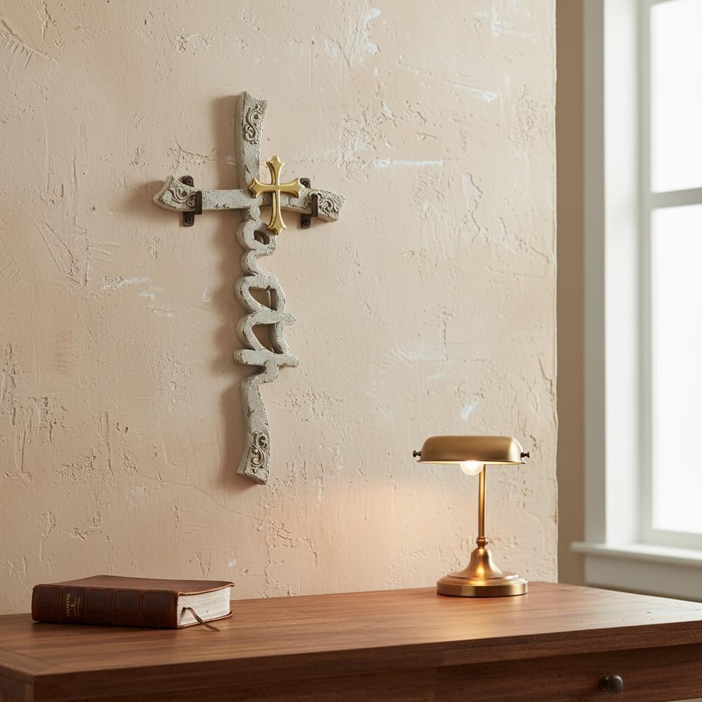 Comfy Hour 12" Stone Gray and Gold Creative Faith Inscribed Religious Wall Cross, Double Cross Antique Vintage Style Home Decor, Baptism Gift