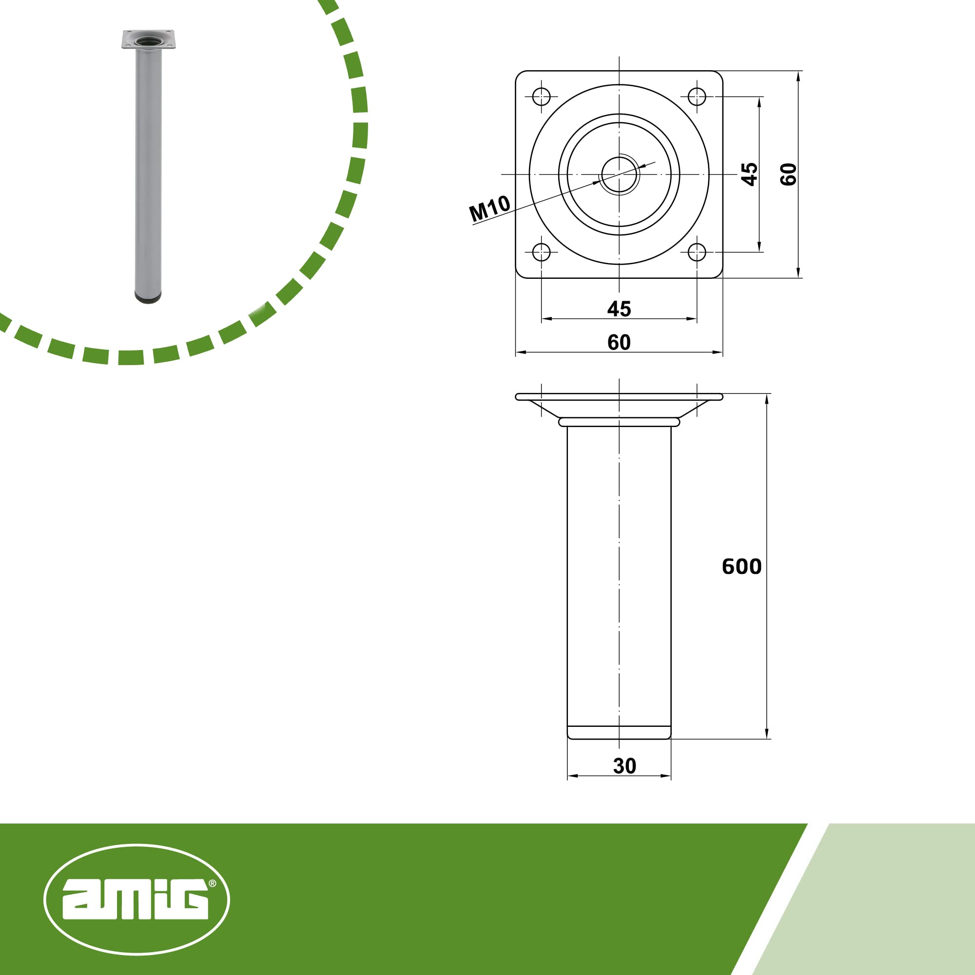 Amig - Ronde Meubelpoot - 30X500 cm - Staal - Voor Salontafels, Nachtkastjes, Dressoirs... - Krasbeschermende Dop - Duurzaam - Zilver - Schroeven inbegrepen