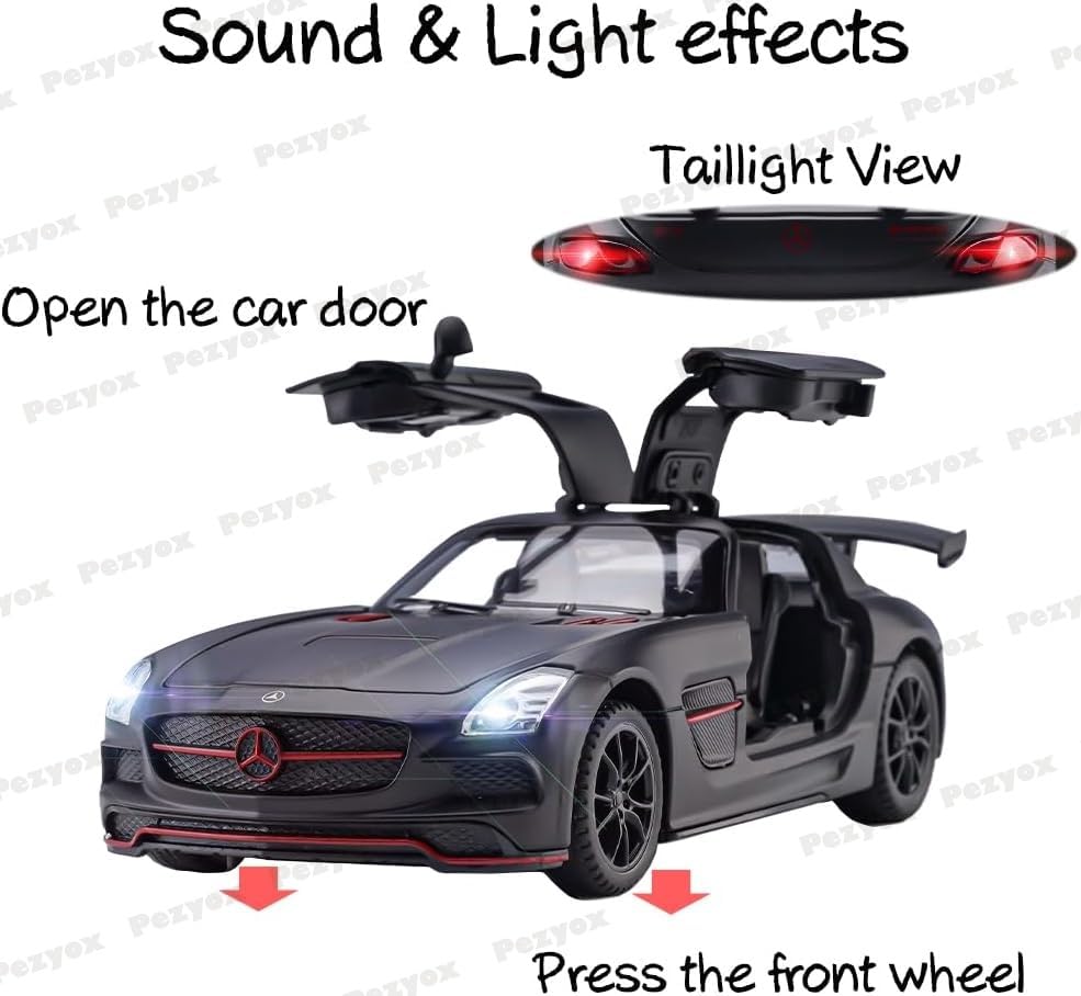 Image of 1:32 Benz SLS AMG Model Car Zinc Alloy Pull Back Toy with Sound & Light Fun for Kids, Boys & Girls Collectible Diecast Car for Ages 3+ (Black)