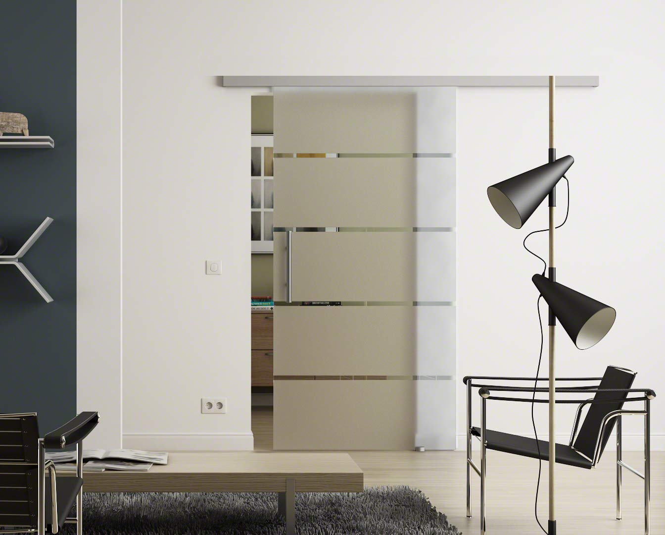 Szklane drzwi przesuwne SoftClose 900 x 2050 mm poziome paski system Sadora® Slimline komplet szyny jezdnej i uchwyt drążkowy o bardzo wysokiej jakości.