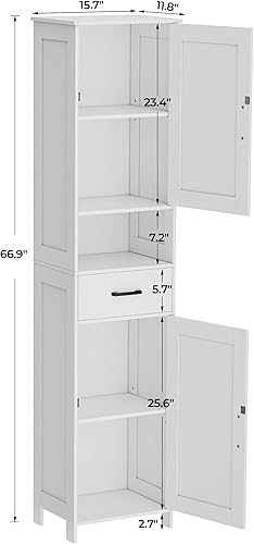 Vista 3 de HOMHEDY - Armario alto de 67 pulgadas con 2 puertas tipo granero, 1 cajón, estantes ajustables, unidad estrecha para baño, sala de estar, entrada