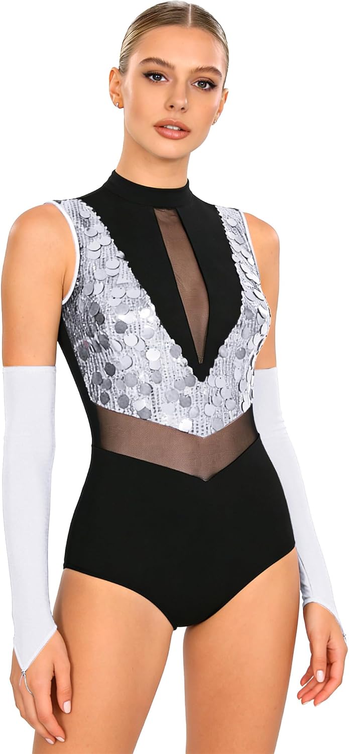 Vxuxlje Womens Figure Skating Dance Leotard Gymnastics Sleeveless Bodysuit with Fingerless Gloves
