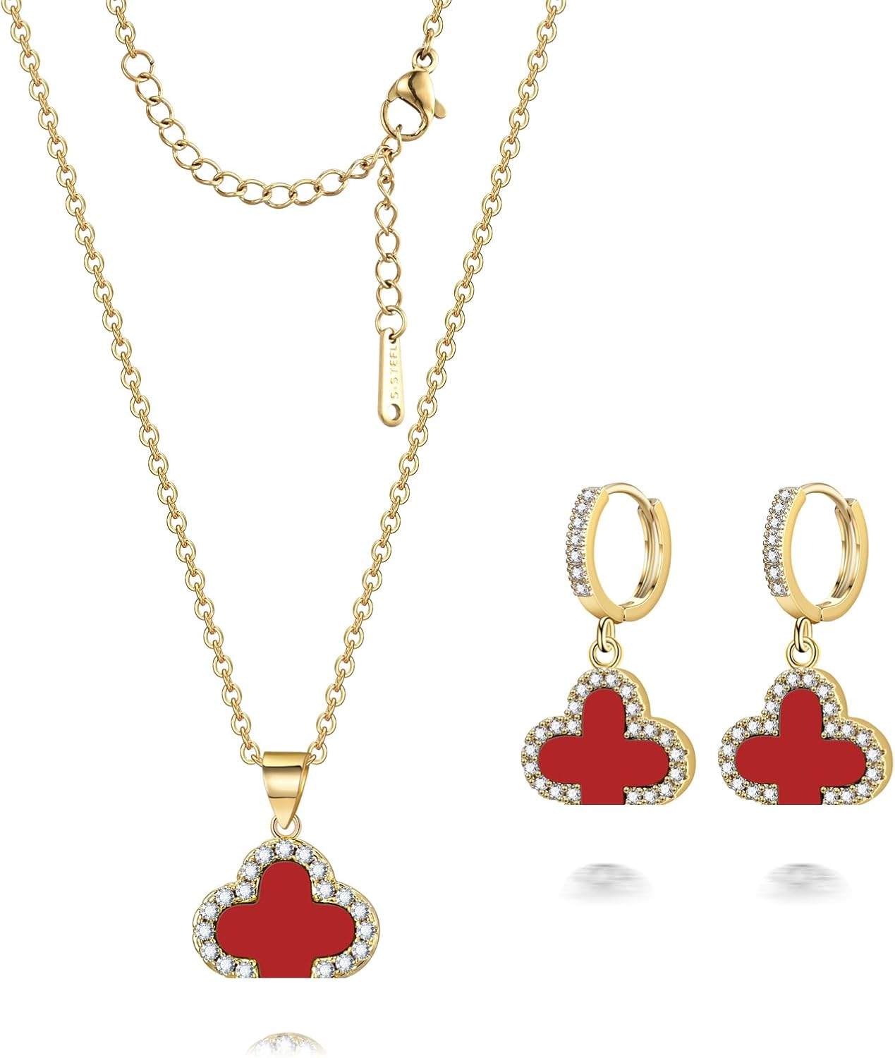 Clover Necklace and Clover Earrings Black White Green Red Pendant 18k Gold Plated Lucky Clover Jewelry Set for Women Trendy - Image 8