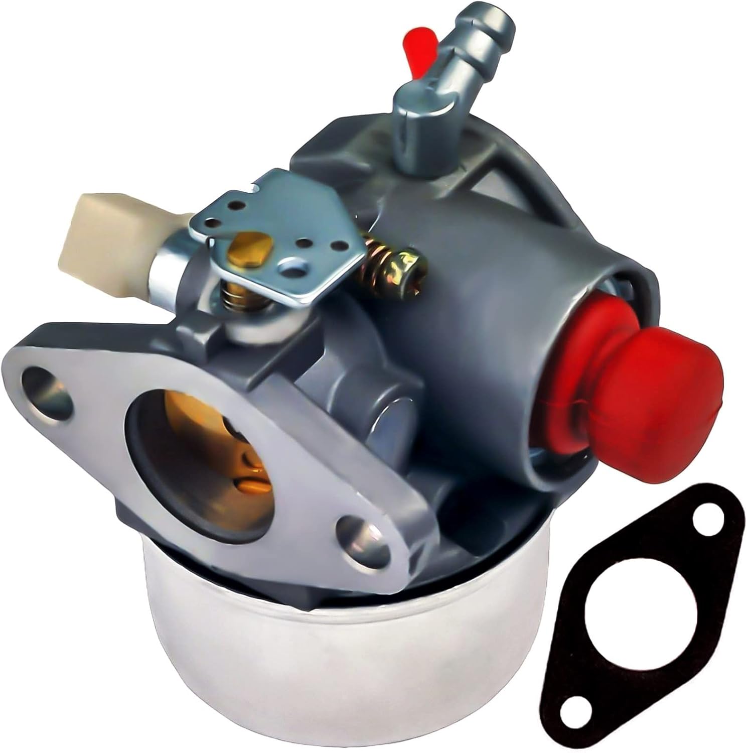 Angled view of carburetor with gasket and primer bulb