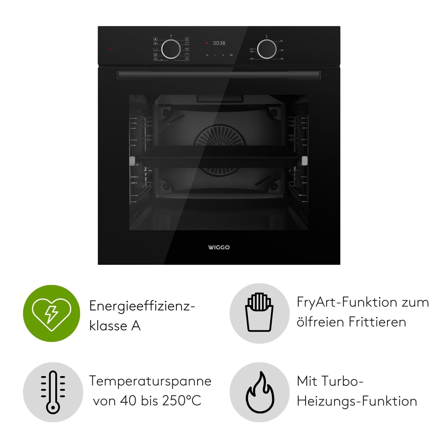 WIGGO Backofen Set Schwarz 60cm 73L mit Teleskopschienen Airfry Selbstreinigung 10 Funktionen Soft-Close Einbaugerät