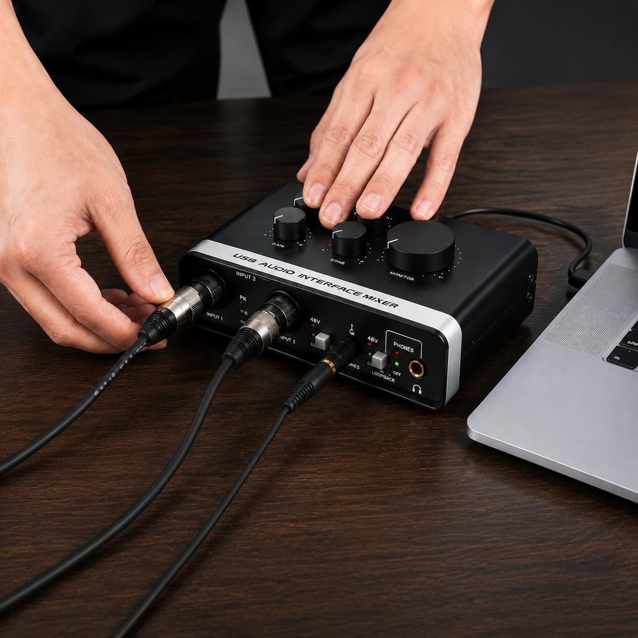 USB Audio Interface with 48V Phantom Power, XLR/TRS Inputs, USB C Recording Interface with Direct Monitor & Echo Control, 48kHz Audio Interface for PC Mac iOS, Guitar, Mic, Podcast