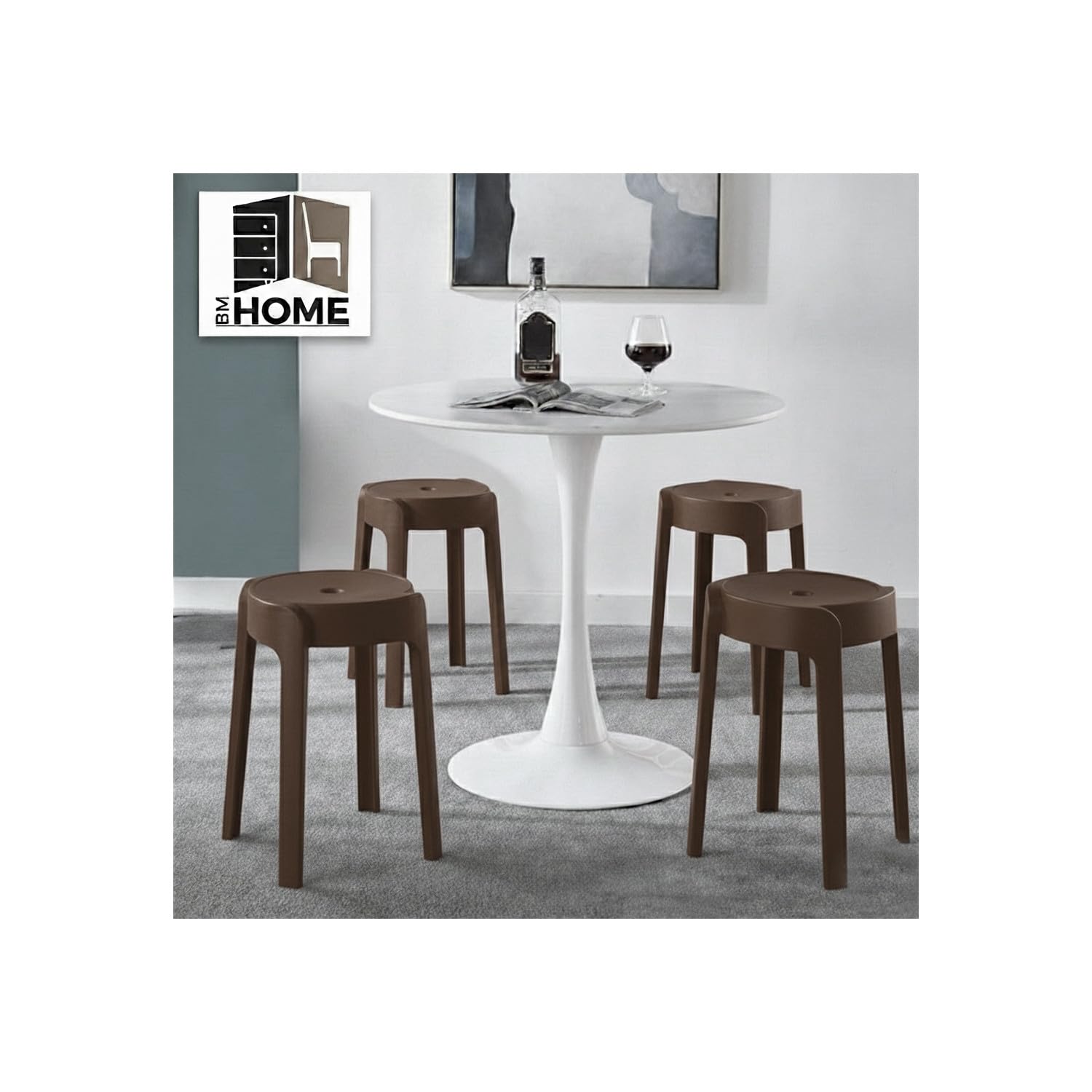 4 Tabourets Gigognes empilables BM Home Tab-Marron en Plastique, légers pour la Maison Salle de Classe, Cuisine, Jardin