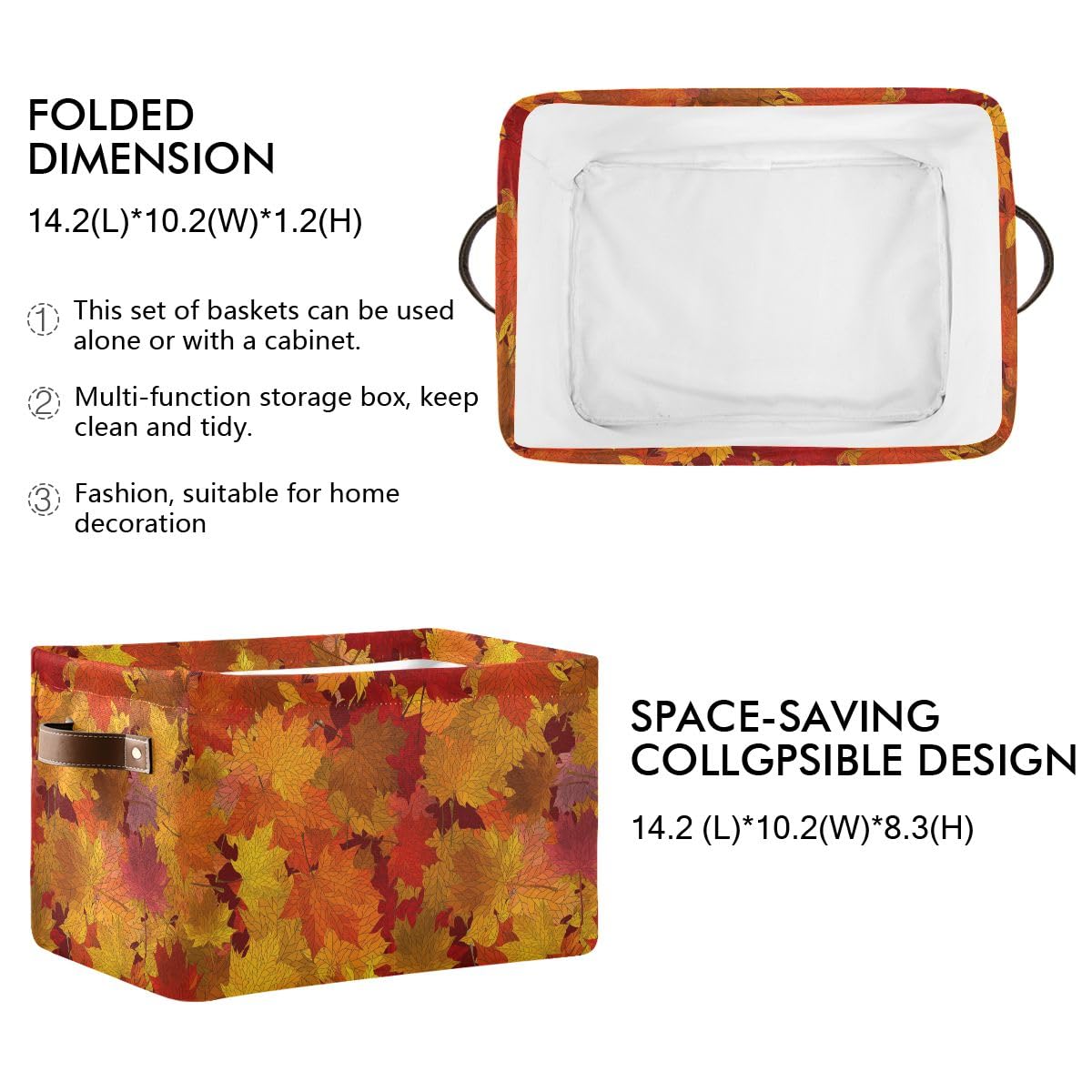 Pumpkin & Maple Leaf Pattern Fabric Storage Basket - Collapsible, 15x11x9.5 Inches, With Handles