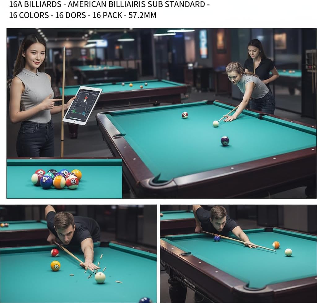 Billiard Balls Set Pool Ball Set 16Pcs Billiard Balls Set US Style Pool Ball Resin 57.2mm Dia for Tournament Practice