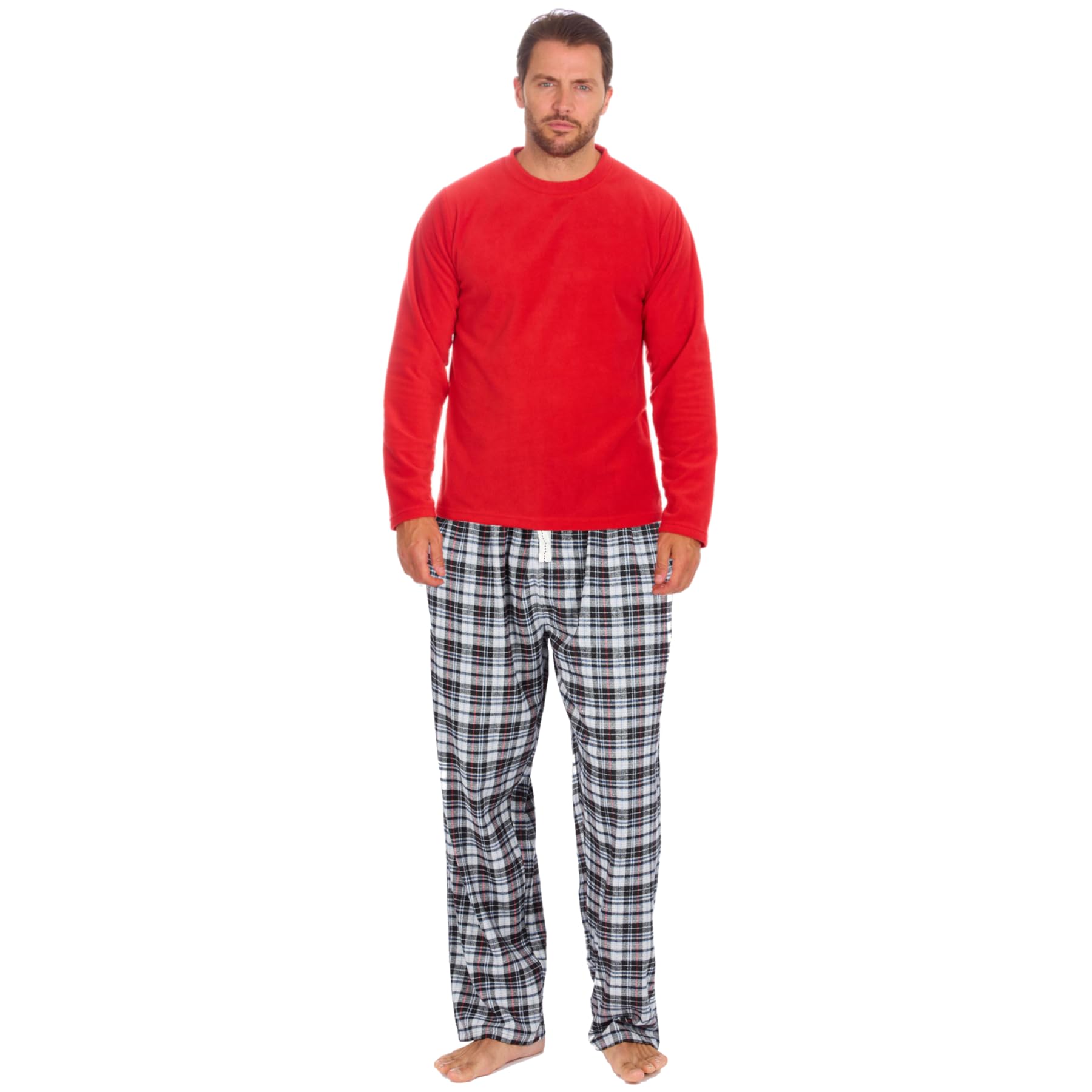 Style It Up Men's Pj Set - Red/Black Fleece Flannel Pyjama Set Lounge Top Pants Pjs Pajamas Nightwear Gift Warm, (Red-Bk-Pink, L)