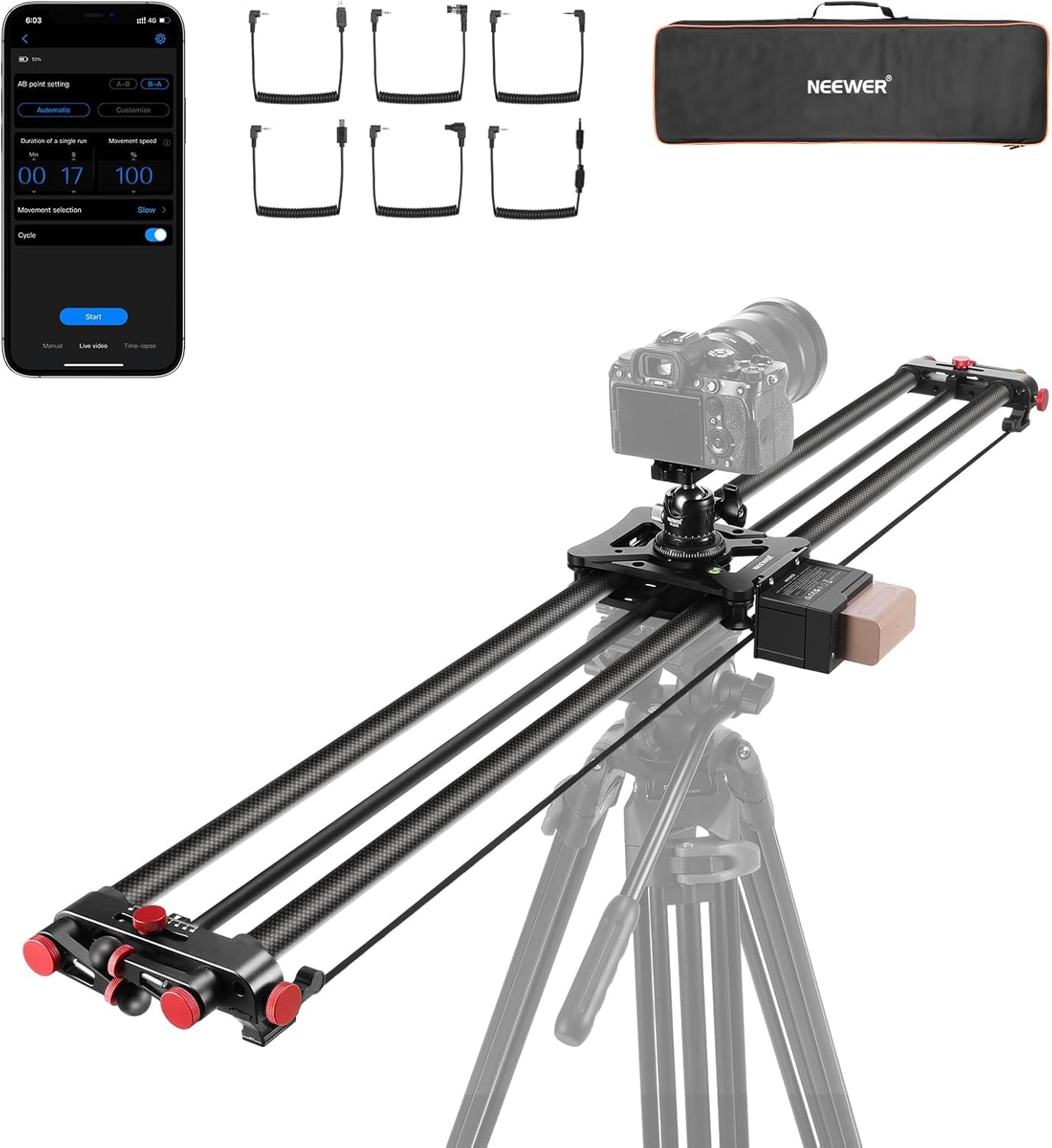 NEEWER 120cm Camera Slider Motorizzato, Controllo App, Binario Dolly DSLR in Fibra Carbonio con Batteria F750 4400mAh (Caricabatterie Non Incluso), Supporta Modalità Video/Fotografia Time Lapse, ER1