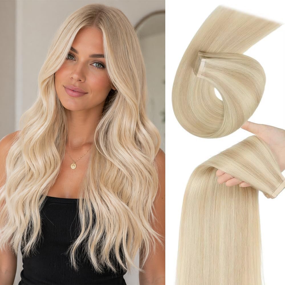 YDDM Extensiones adhesivas de pelo real, 20 unidades, 35 cm, 40 g, rubio ceniza con rubio blanqueador, rubio oscuro, extensiones de pelo rubio oscuro, extensiones de pelo de color rubio oscuro (14