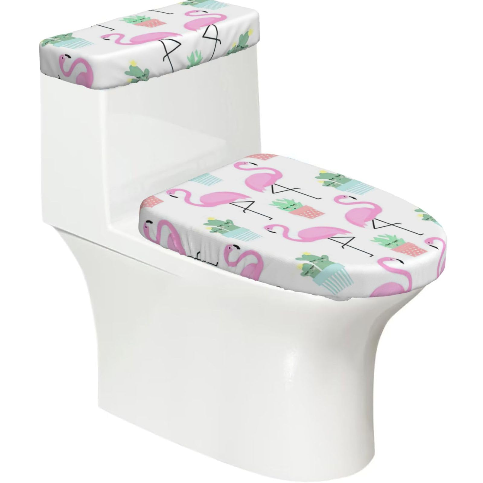 Tropical Flamingo Cute Cactus Print 2-Piece Stretch Toilet Cover Set, Elastic Breathable Toilet Seat and Tank Lid Protector