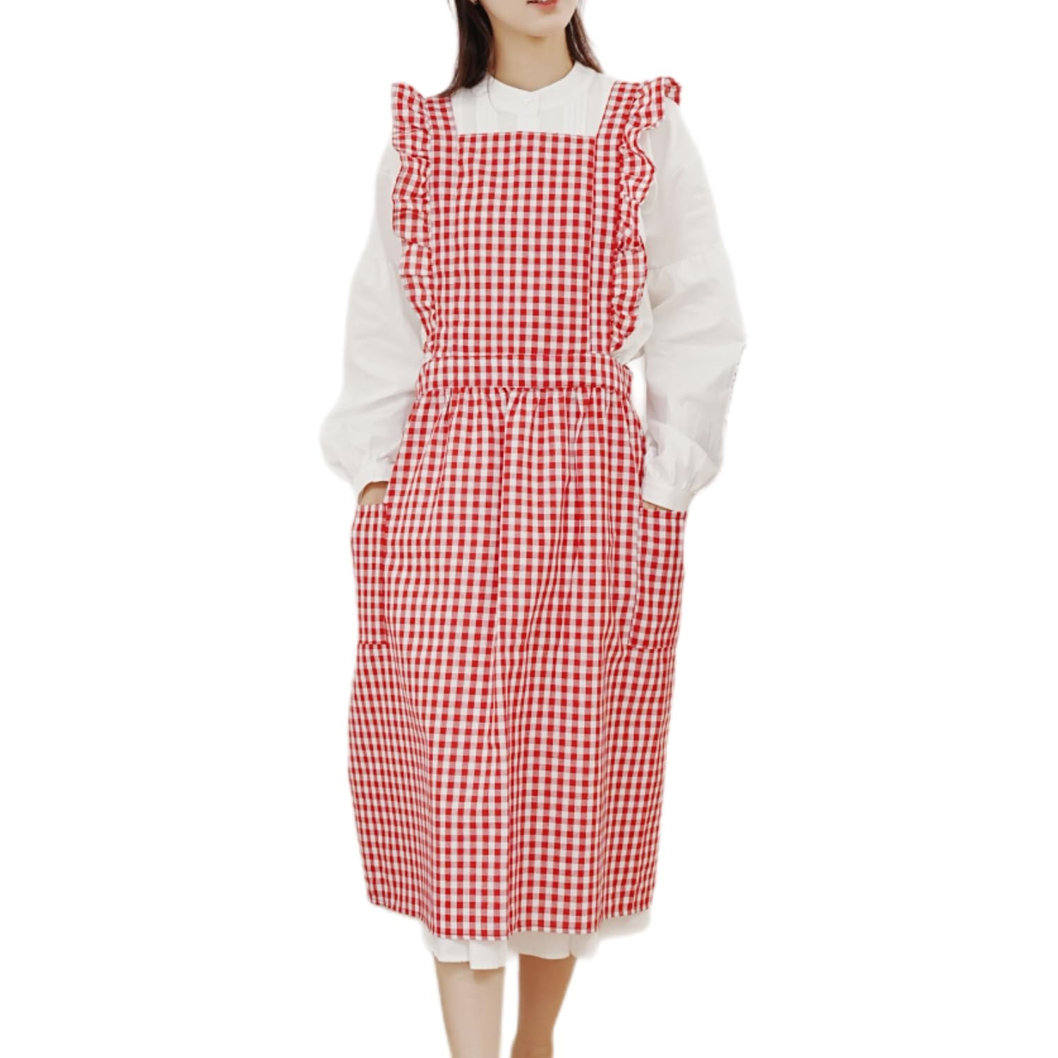 Ruffles Plaid Apron Cute Cotton Large Pleated Lace Up Stain Resistant Cover Up โ image 1