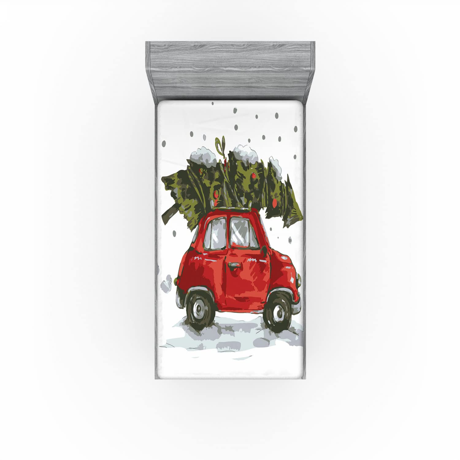 Ambesonne Christmas 2 Pack Fitted Sheet, Retro Car with Tree, Bed Cover All-Round Elastic Deep Pockets 2 Pieces, Package Contains 2 Twin Size Fitted Sheets, Green Red