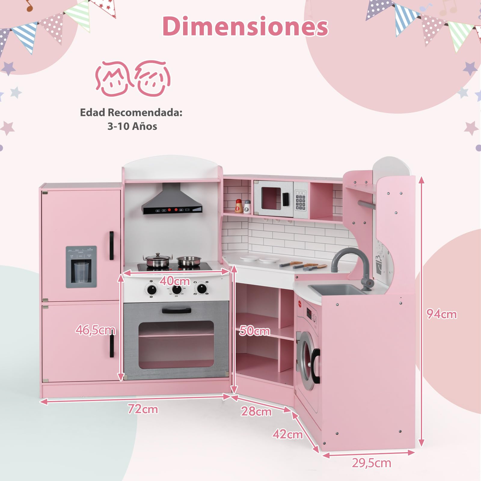 GOPLUS Cocina de Juguete de Esquina para Niños, Cocinita Infantil con Máquina de Hielo, Microondas, Estufa, Horno, Fregadero, Lavadora, con Luces y Sonidos para Niños Pequeños de 3-10 Años (Rosa)