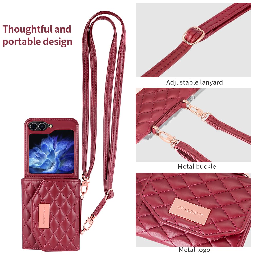 Etui portfelowe na telefon komórkowy Samsung Galaxy Z Flip 8 z wbudowaną skórzaną przegródką na gotówkę i uchwytem na karty kredytowe, regulowany pasek crossbody, ochrona zawiasów dla kobiet i