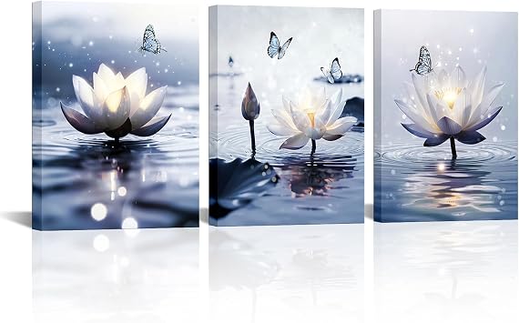 Saypeacher Lotus Flower Wall Art Blue and White Wall Decor Zen Spiritual Decor Meditation Yoga Spa Artwork Butterfly Canvas Prints for Bathroom Blue