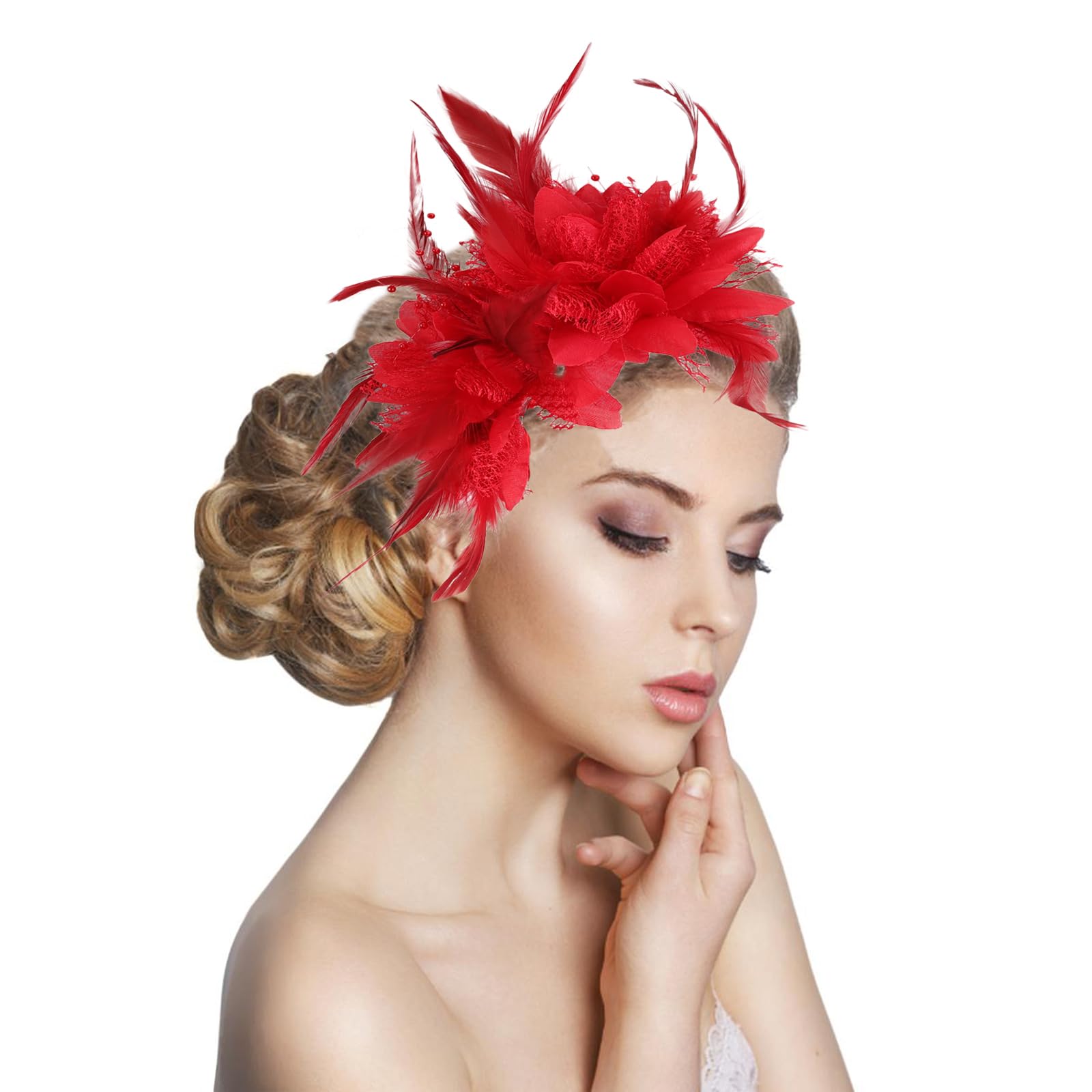 Feather Headband Women Flower Fascinators Artificial Flower Feathered Headpiece Rose Red Roaring 1920s Feather Headwear for Cocktail Carnival Masquerade Tea Party(Red)