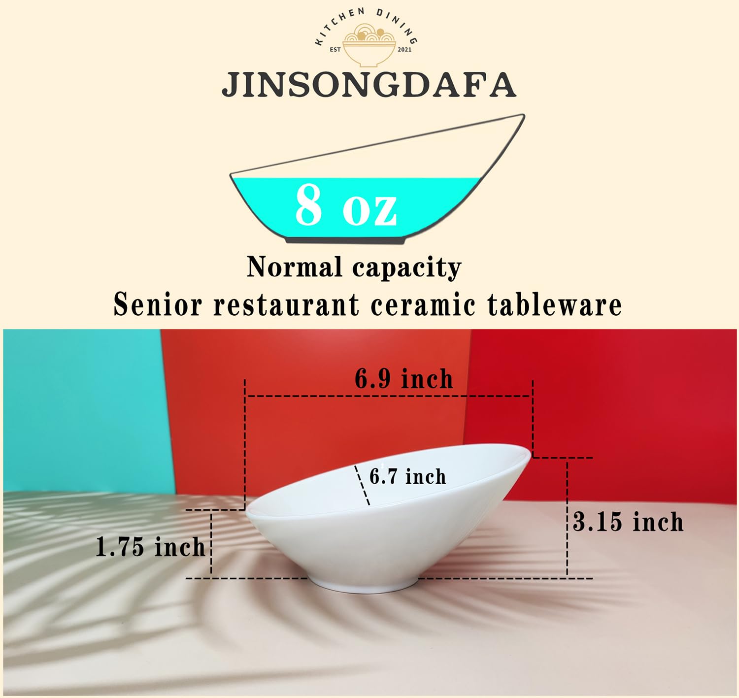 jinsongdafa Salad Bowls,White Porcelain Soup Bowl,Suitable for use Dipping,Sauces,Ice Cream,Dessert,Small Side Dishes,Salad,Cereal, Rice-Microwave,Dishwasher and Oven Safe 6.9 Inch