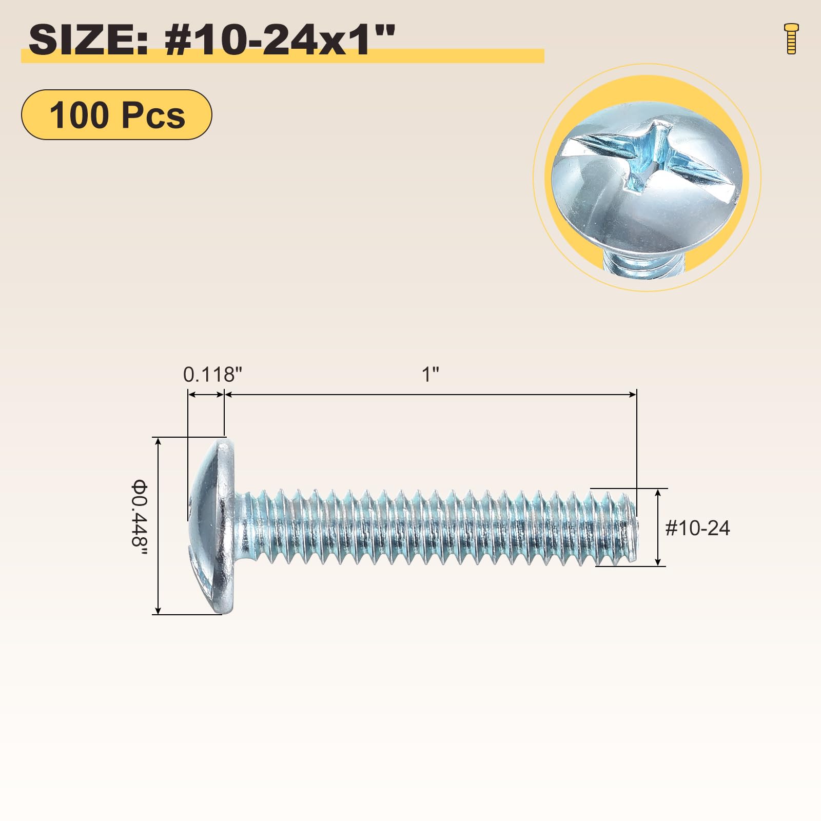 METALLIXITY Machine Screws Phillips Combo Head(#10-24x1") 100Pcs, Carbon Steel Round Head Cross Drive Furniture Bolts - Image 2