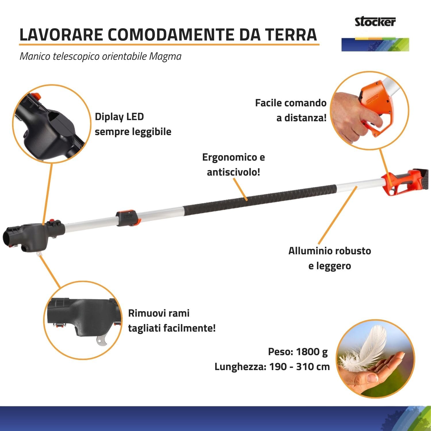 STOCKER - Kit potatura a batteria, Forbice Magma E-40 TP + Motosega E-150 LA con Batteria Power 21V 2,6Ah Fast Charge, Manico Telescopico 235 cm, Olio Catena, Garanzia Estendibile fino a 60 mesi