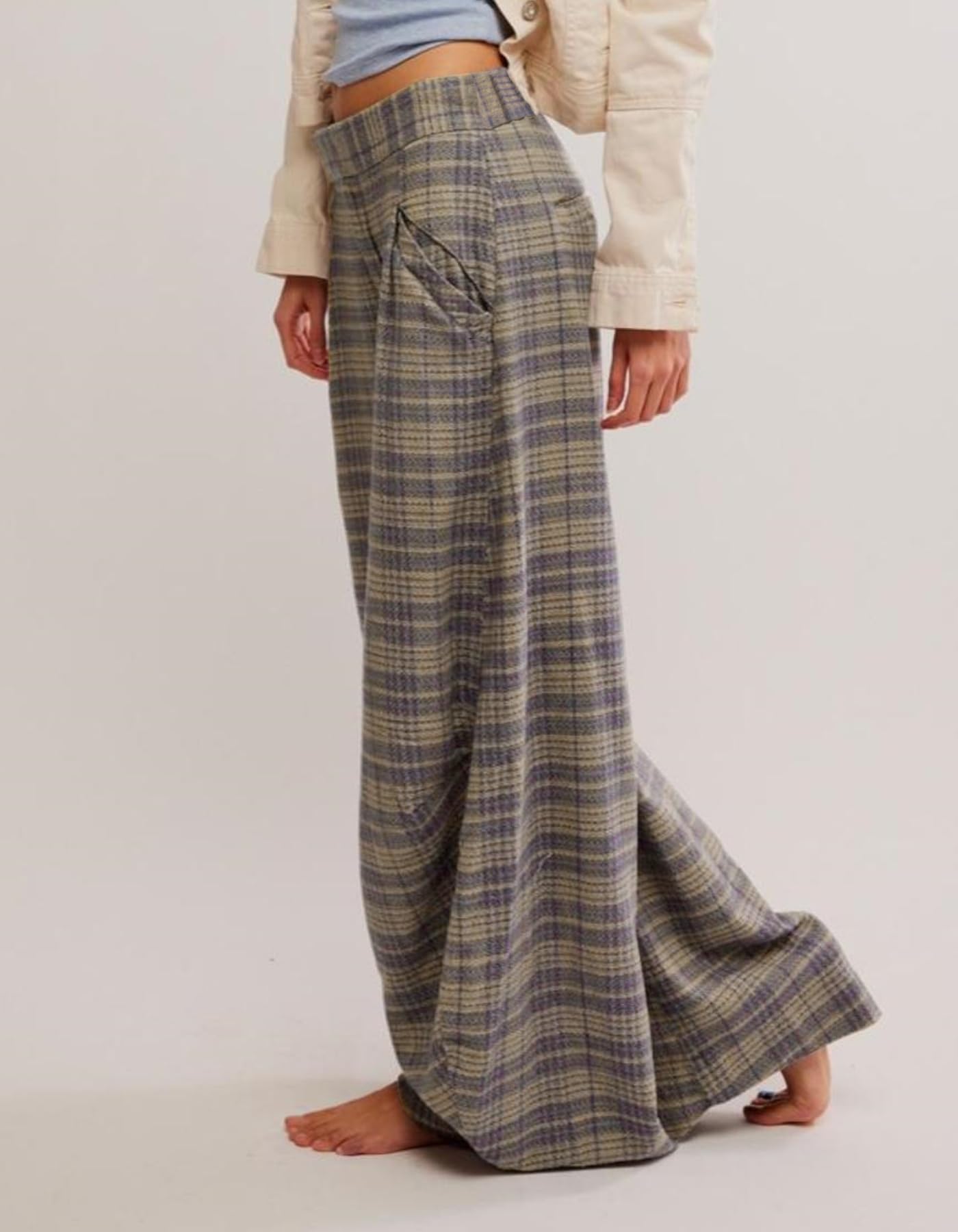 Kedera Damen-Hose, Vintage-Schottenkaro, weites Bein, hohe Taille, Baggy-Hose, leger, Business-Arbeitshose