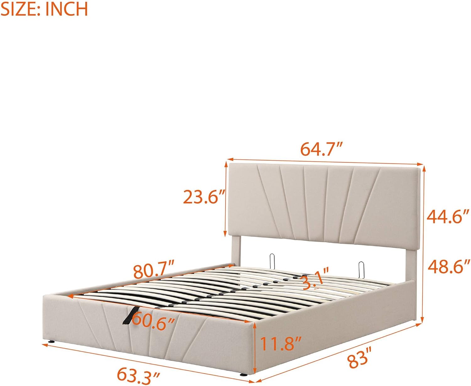 Queen Size Upholstered Platform Bed with a Hydraulic Storage System Beige