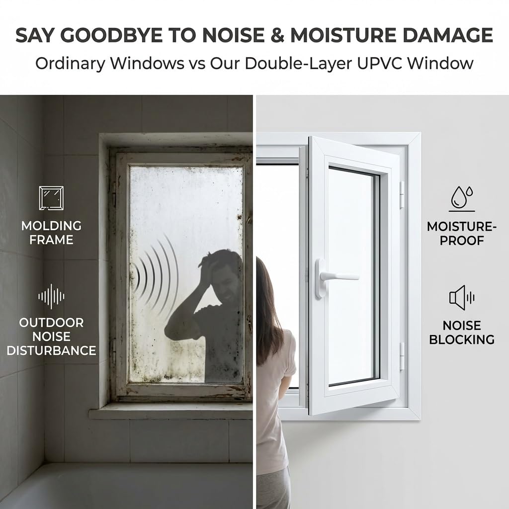 Ventana abatible para sótano, marco de acero de plástico blanco, ventana de vidrio templado, paneles de vidrio de doble panel, ventanas seguras, reemplazo de ventanas de baño para casa